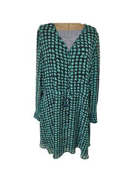 Easel Dress Size L Green Black Abstract Print Sheer Sleeve Boho Tunic V Neck